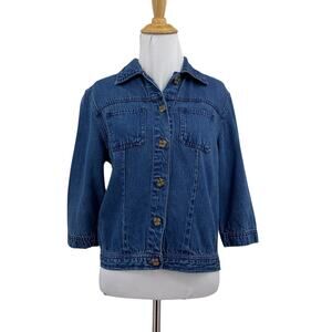 Talbots Jacket Womens 2P Petite Blue Chambray Button Up Cropped Chest Pockets